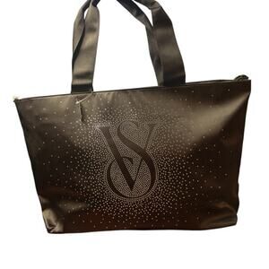 Victoria's Secret Tote Bag Black Bling Rhinestone VS logo Carryall Travel NWT